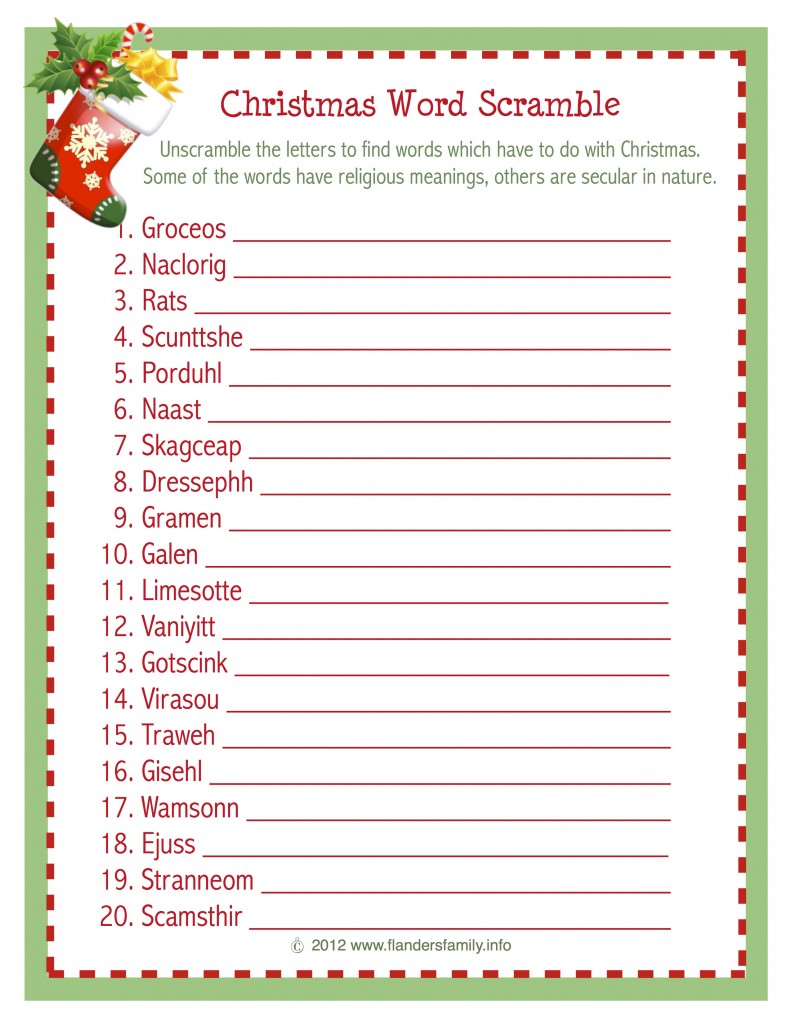 Free printable Christmas word scramble -- plus lots more party games from www.flandersfamily.info