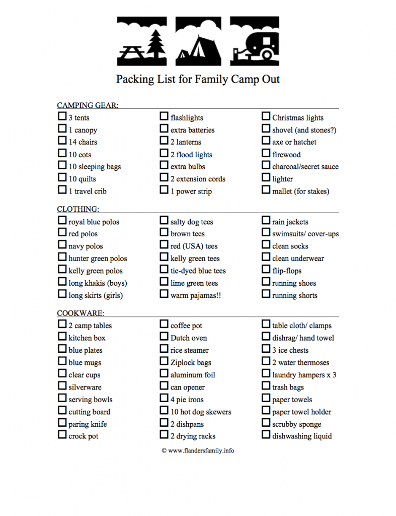 Family Campout Packing List - Page 1