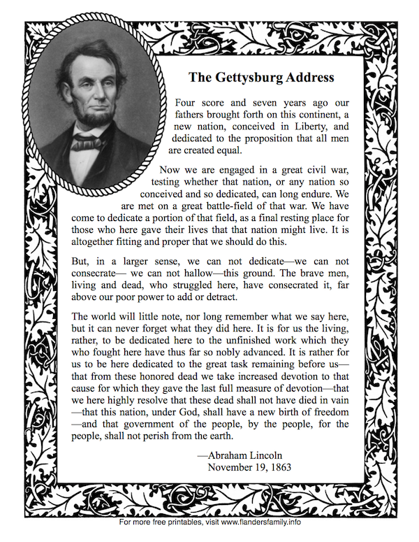 Lincoln's Gettysburg Address | another free printable from www.flandersfamily.info