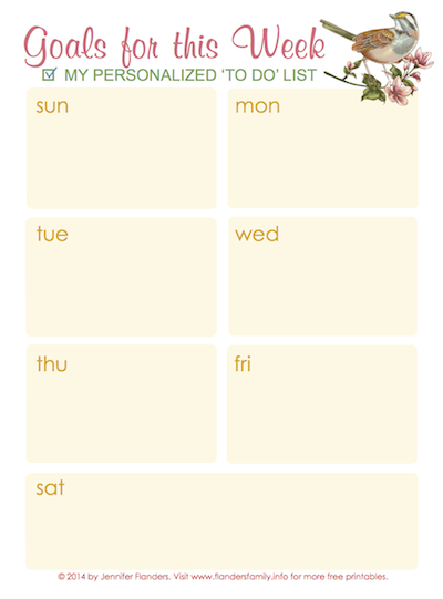 Goals for the Week free printable -- a personalized "to do" list from www.flandersfamily.info