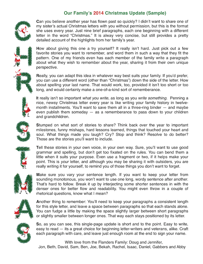 Sample Acrostic Christmas Letter, with free printable stationery from www.flandersfamily.info