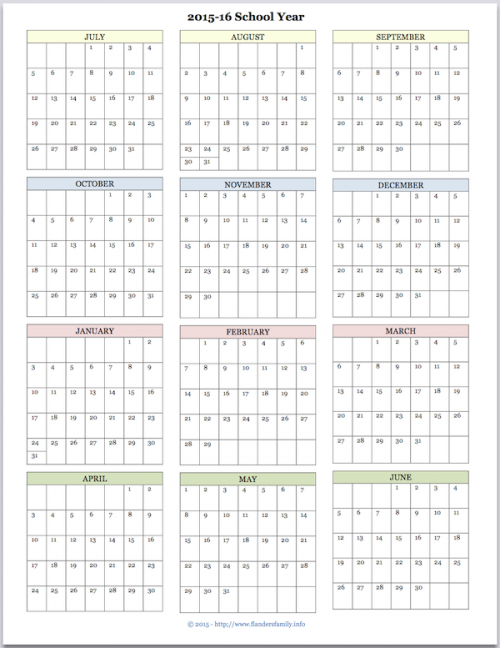 Free printable academic calendar for 2015-2016 | www.flandersfamily.info