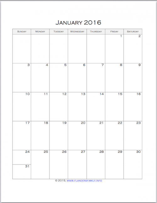 Free printable monthly calendar pages for 2016 from www.flandersfamily.info.
