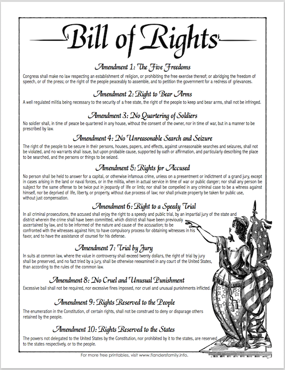 Free printable copy of the Bill of Rights, from www.flandersfamily.info