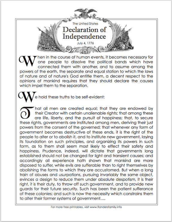 Free printable: Introductory paragraphs of The Declaration of Independence