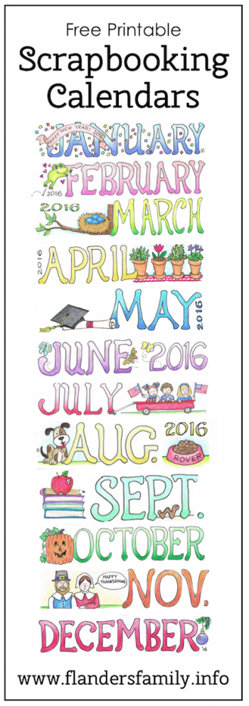 Free printable monthly calendars for scrapbooking, micro-journaling, and bulletin boards | www.flandersfamily.info