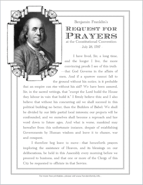 Free Printable - Benjamin Franklin's Request for Prayers at the Constitutional Convention
