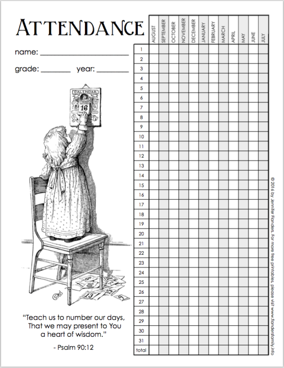 Free printable attendance record for homeschoolers