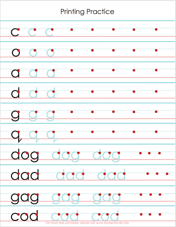 Free Printing Practice Sheets to help with letter reversals | from www.flandersfamily.info