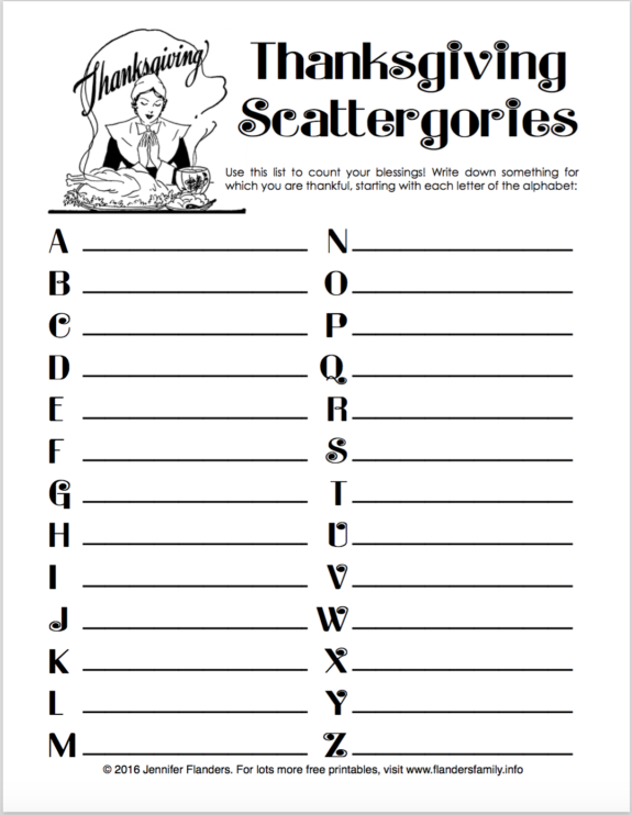 Count Your Blessings! Free printable Thanksgiving Scattergories from flandersfamily.info