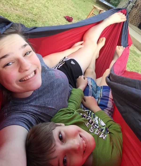 Rebekah's self-portrait with Gabbers in the hammock