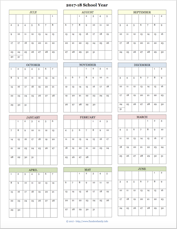 Free printable academic calendar for 2017-2018 school year