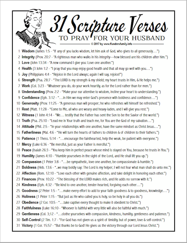 31 Verses to Pray for Your Husband | another free printable from flandersfamily.info