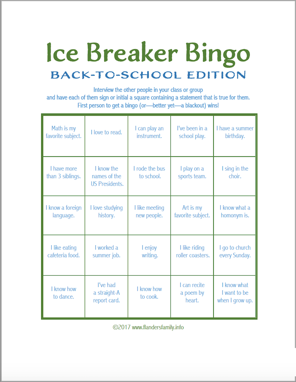 Ice Breaker Bingo: Back-to-School Version - Flanders Family Homelife Intended For Ice Breaker Bingo Card Template