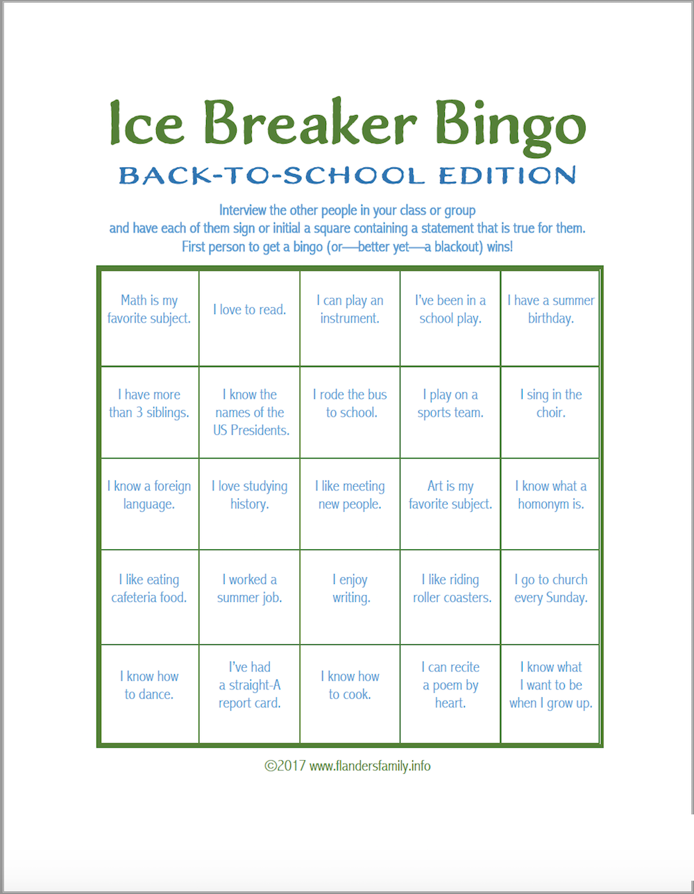 Ice Breaker Bingo BacktoSchool Version Flanders Family Homelife