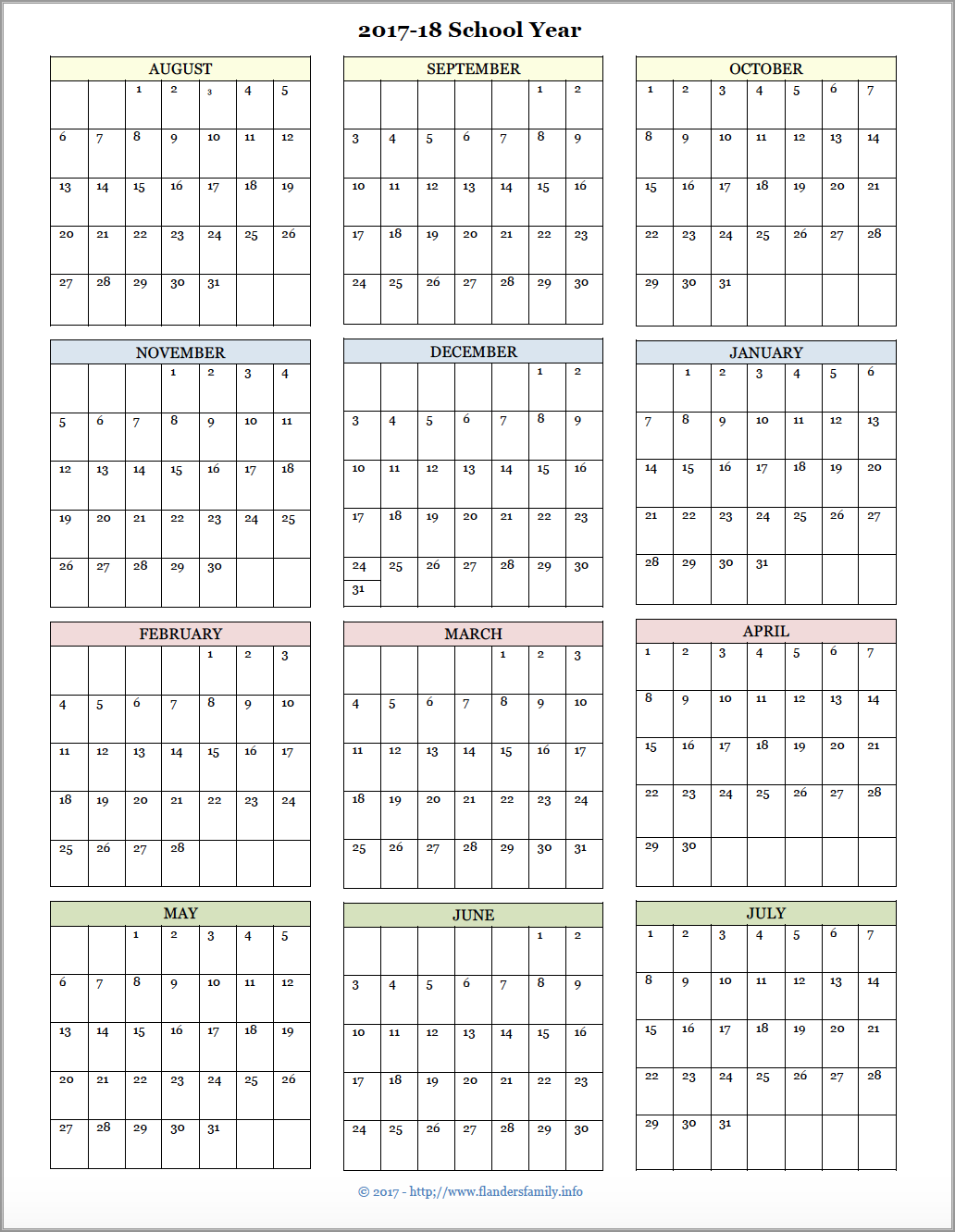 2017-2018 Academic Year Calendar with an August start date