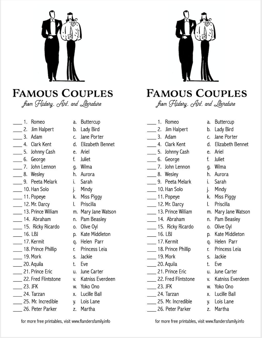 Famous Couples Matching Game Flanders Family Homelife