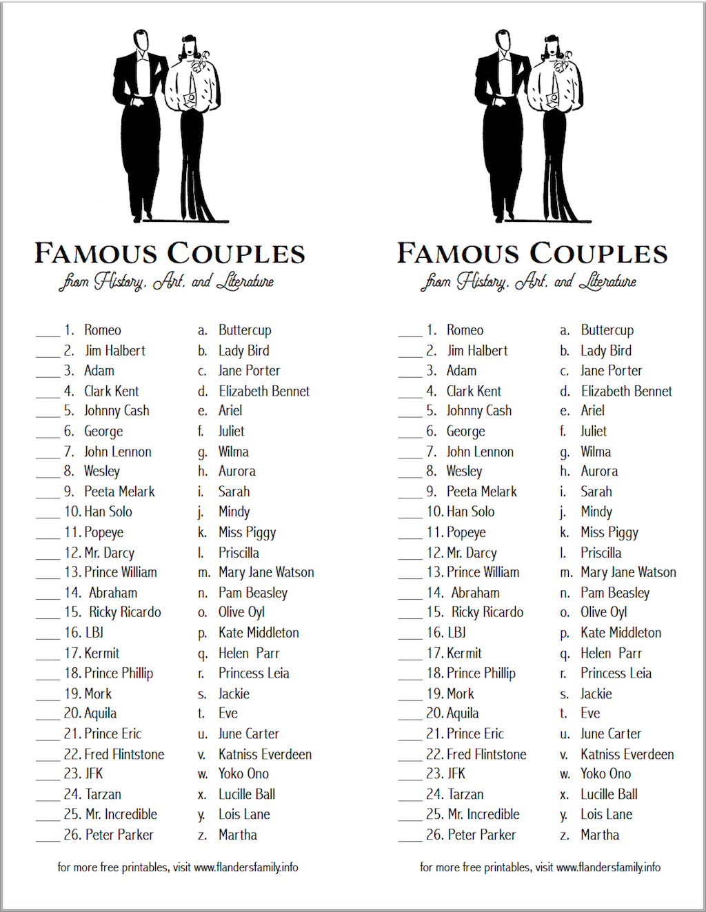 Famous Couples Game Free Printable Printable Templates