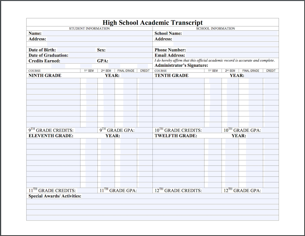 Printable High School Transcript TUTORE ORG Master Of Documents