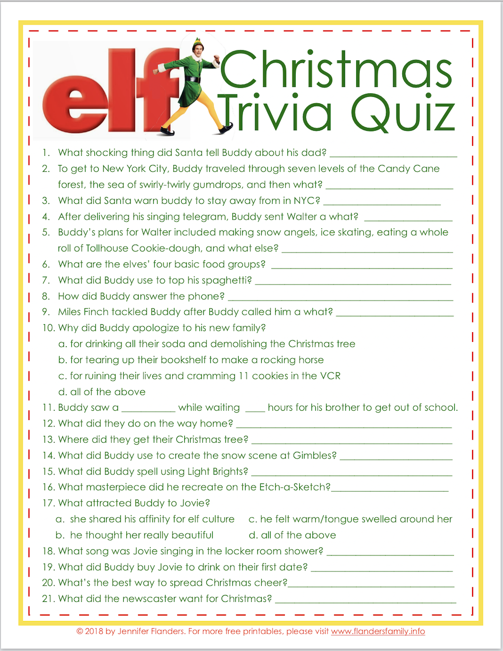 Elf Trivia Christmas Quiz Free Printable Flanders Family Homelife