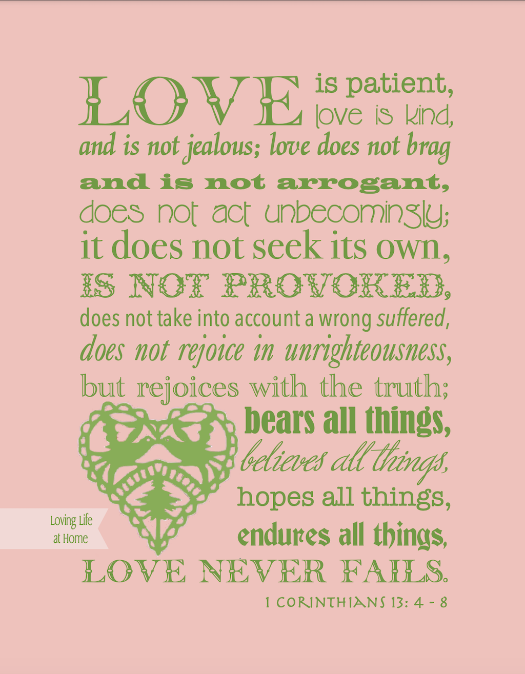 1 Corinthians 13 (in Pink and Green)