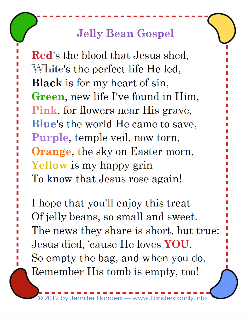 The Jelly Bean Gospel (a free printable from www.flandersfamily.info)
