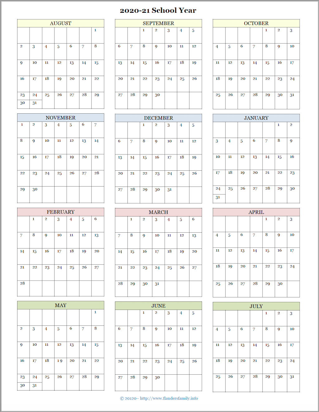 2020-21 Academic Calendar (August Start)