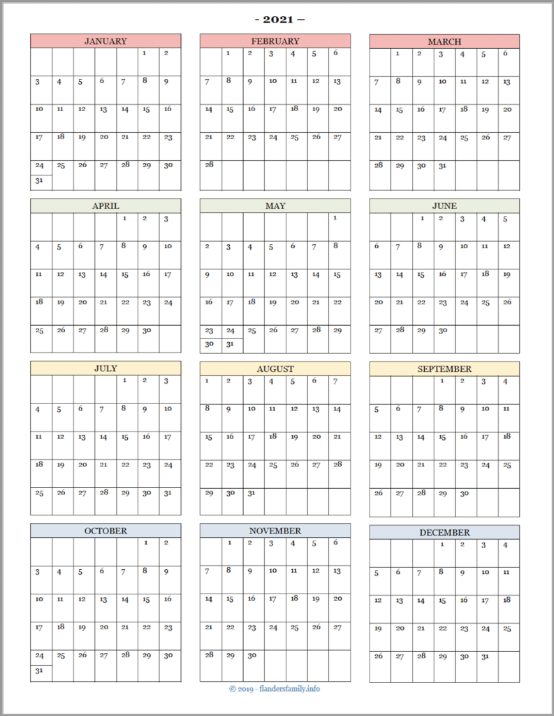 2021 Yearly Calendar Printable One Page