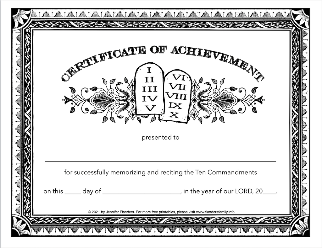 Ten Commandments Memorization Award Certificate