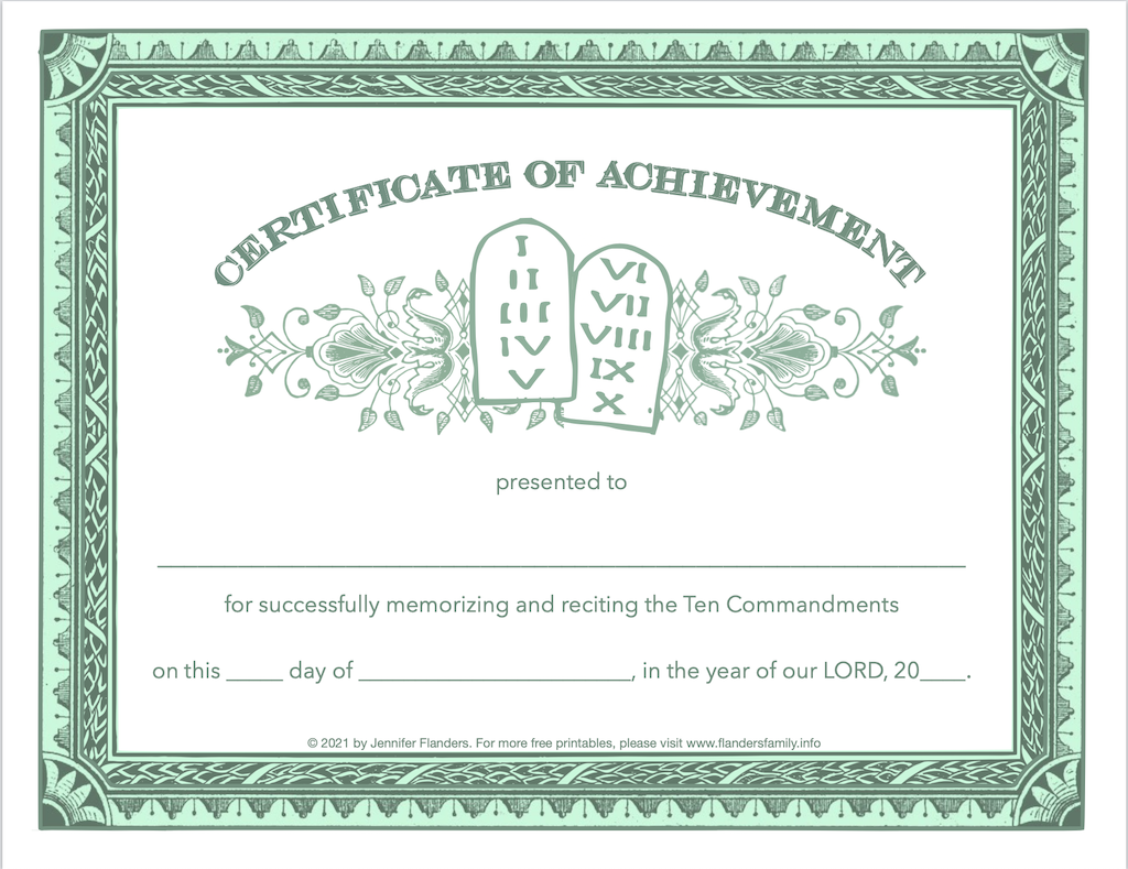 Ten Commandments Memorization Award Certificate - Green