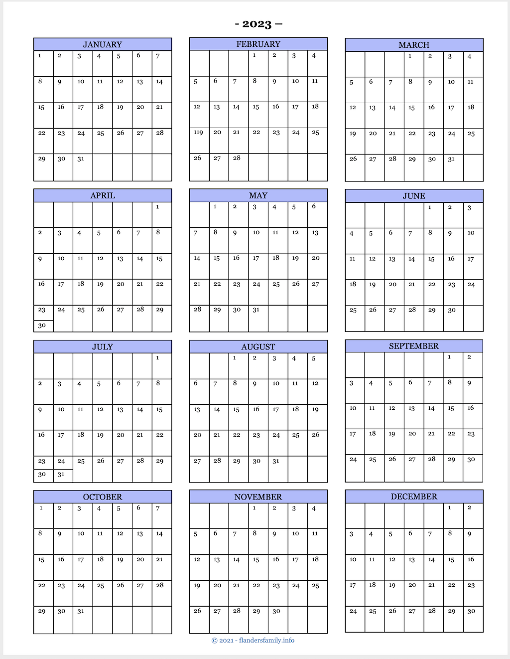 2023 Year Calendar Yearly Printable Yearly Calendar 2023 Free 