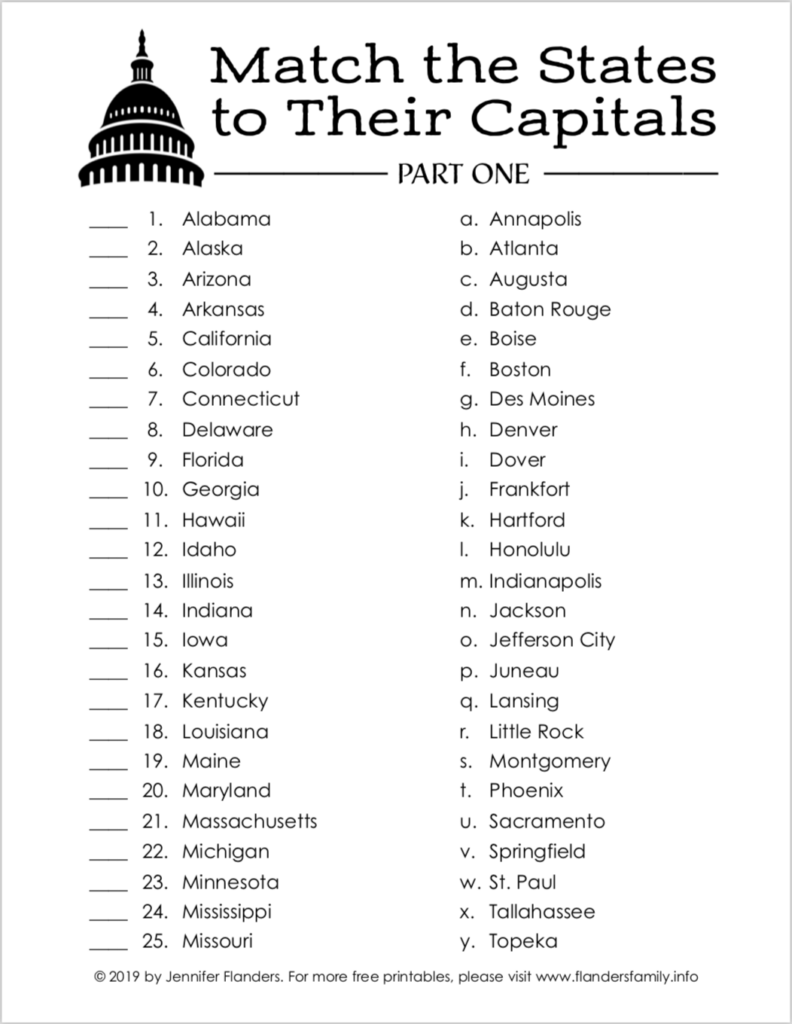 Printable States And Capitals State Capital Matching Game - Flanders Family Homelife